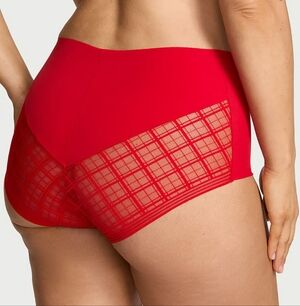 Victoria's Secret  No Show Plaid Mesh Modern Brief. Red Lipstick. Size M